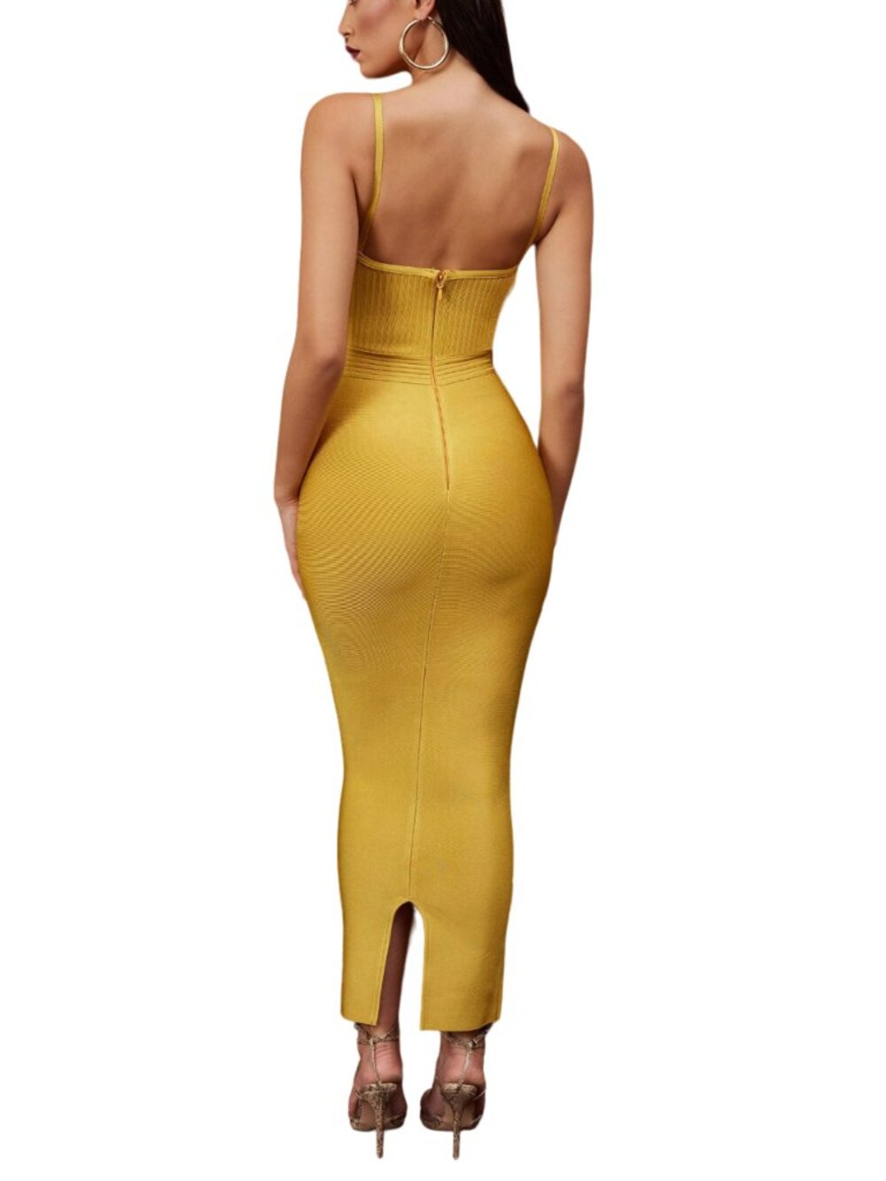 Golden Tone Maxi Bandage Dress – Ribbed Bodice  Spaghetti Straps  Sculpted Fit - Picture 4 of 9